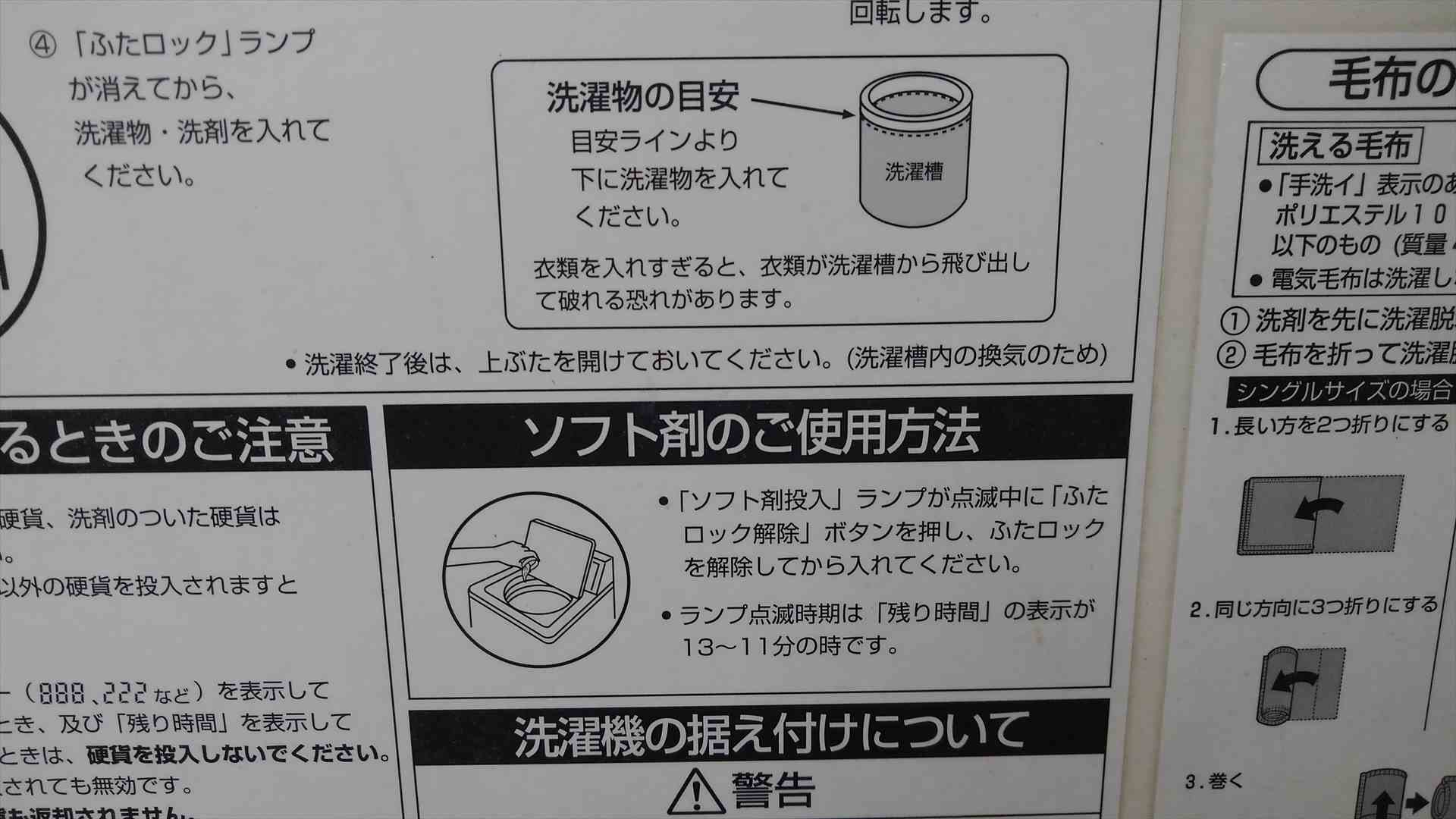 アクアコイン式小型洗濯機のふたの裏に書かれている注意書き