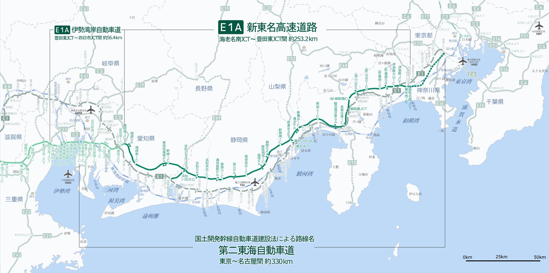 新東名高速道路の2019年（平成31年）3月現在の路線図。出典:https://commons.wikimedia.org/wiki/File:Shin-Tomei_Expwy_JD19l22a.svg